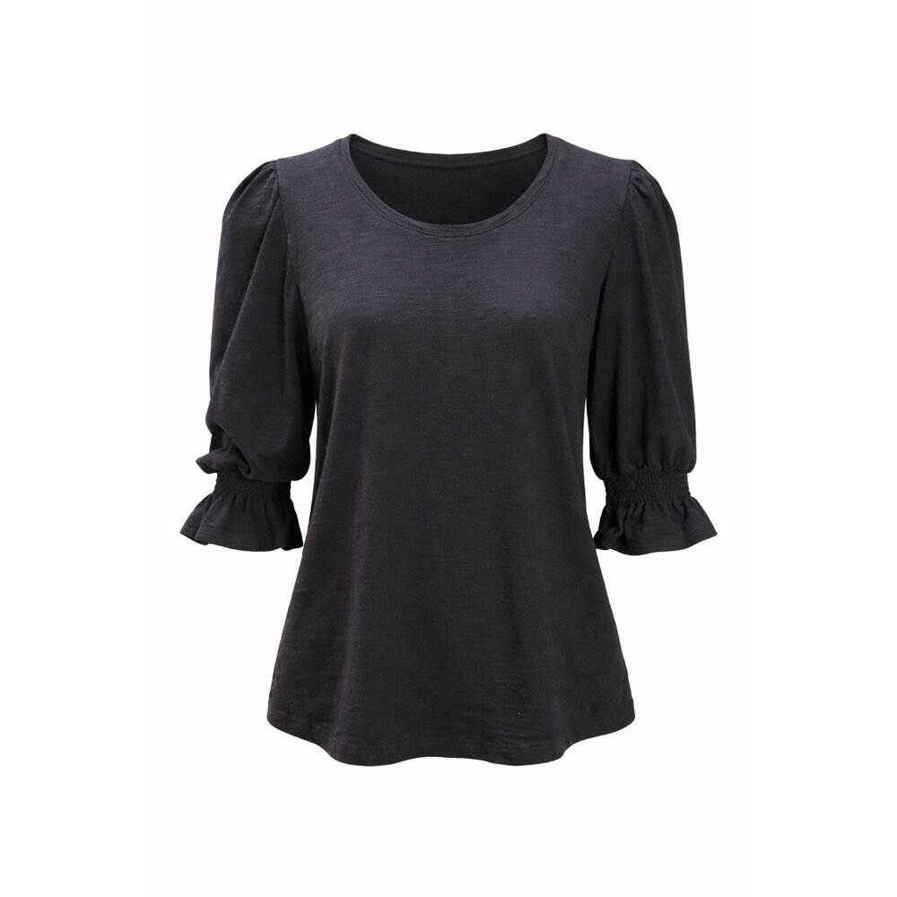 Chicos Size 1 Black Puff Sleeve Smocked Ruffle Cuff Knit Top Modern Minimalist